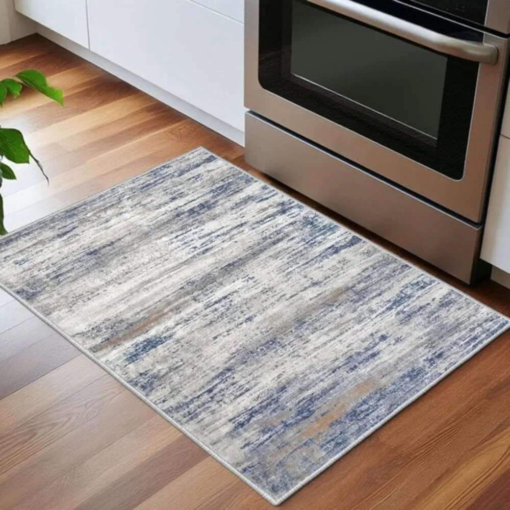 New Modern Abstract 2x3 Entryway Rug, Washable Non-Slip Faux Wool Mat, Grey-Blue